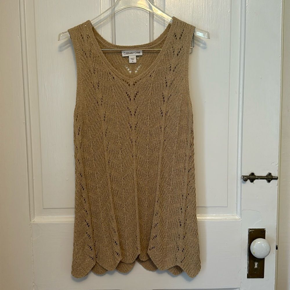 Coldwater Creek lightweight knit crochet tan beige sleeveless top knit medium